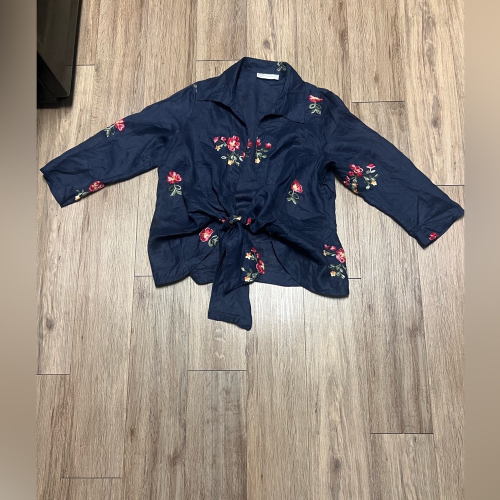 Neiman Marcus Blue Floral Embroidered Blouse